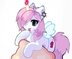 Size: 1459x1182 | Tagged: safe, artist:pibbles, oc, oc only, oc:candleslick, earth pony, pony, angelic wings, candle, digital art, ear piercing, earring, emo, female, hair over one eye, hoof licking, ibispaint x, jewelry, licking, messy mane, phone drawing, piercing, pillow, pink mane, simple background, solo, star of david, thick eyelashes, white background, white coat, wings