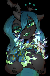 Size: 1300x2000 | Tagged: safe, artist:kotya, queen chrysalis, changeling, changeling queen, collaboration:meet the best showpony, g4, black background, collaboration, crown, cute, cute little fangs, eyeshadow, fangs, female, fire, flower, foal's breath, jewelry, lidded eyes, looking at you, makeup, open mouth, open smile, regalia, simple background, smiling, solo