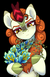Size: 1300x2000 | Tagged: safe, artist:kotya, autumn blaze, kirin, collaboration:meet the best showpony, g4, black background, bust, cloven hooves, collaboration, eyebrows, flower, foal's breath, grumpy, portrait, serious, serious face, simple background, solo