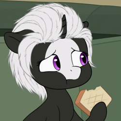 Size: 560x560 | Tagged: safe, artist:zippysqrl, oc, oc only, oc:s.leech, pony, unicorn, animated, bread, chewing, concerned, dumpster, eating, floppy ears, food, gif, herbivore, horn, loop, unicorn oc