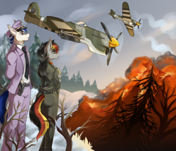Size: 3500x3000 | Tagged: artist needed, safe, oc, oc:anja snow, oc:ice, bat pony, pegasus, anthro, equestria at war mod, aircraft, bat pony oc, clothes, fighter plane, fire, forest, hawker typhoon, high res, military, pegasus oc, plane, war, winter, winter outfit