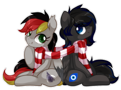 Size: 816x608 | Tagged: safe, artist:loyaldis, oc, oc only, oc:anja snow, oc:boreal bloom, pegasus, pony, clothes, looking at you, pegasus oc, scarf, shared clothing, shared scarf, simple background, sitting, smiling, smiling at you, striped scarf, transparent background