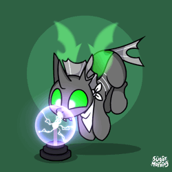 Size: 800x800 | Tagged: safe, artist:sugar morning, oc, oc only, oc:cinder, changeling, pony, animated, bandana, behaving like a moth, boop, bugs doing bug things, commission, cute, cuteling, flying, green background, green changeling, noseboop, plasma ball, silly changeling, simple background, solo