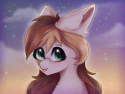 Size: 1600x1200 | Tagged: safe, artist:saltyvity, oc, pegasus, pony, blushing, brown mane, commission, cute, ear fluff, face licking, fluffy, green eyes, happy, licking, sky, solo, sparkles, stars, sunset