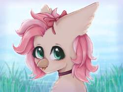 Size: 1600x1200 | Tagged: safe, oc, seapony (g4), blue background, blushing, bow, bubble, choker, cute, ear fluff, fluffy, grass, green eyes, hair bow, ocean, pink hair, seaweed, simple background, solo, sparkles, swimming, tongue out, underwater, water