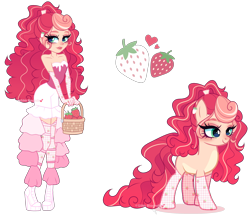 Size: 4440x3857 | Tagged: safe, artist:gihhbloonde, earth pony, human, pony, equestria girls, g4, basket, clothes, female, food, gloves, green eyes, high ponytail, lipstick, mare, pale belly, parent:pinkie pie, parent:strawberry sunrise, ponytail, simple background, sleeveless, smiling, socks, solo, strawberry, transparent background