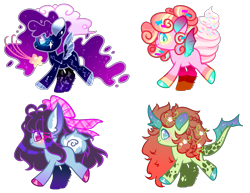 Size: 2120x1640 | Tagged: safe, artist:anno酱w, oc, bat pony, dracony, dragon, hybrid, original species, pegasus, pony, rabbit pony, base used, blind bag, bow, bunny ears, candy, chibi, cloud, ethereal mane, flower, flower in hair, flowing hair, flowing mane, flowing tail, food, ice cream, rainbow, shooting star, simple background, starry mane, stars, tail, toy, transparent background