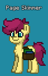 Size: 258x402 | Tagged: safe, oc, oc only, oc:page skimmer, earth pony, pony, pony town, bag, book, book bag, chest fluff, earth pony oc, light blue background, magenta mane, male, offspring, parent:fluttershy, parent:oc:gentle brush, parents:canon x oc, simple background, solo, son, teal eyes