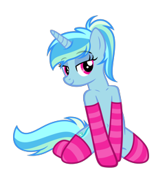 Size: 3491x3592 | Tagged: safe, artist:equestria secret guard, oc, oc only, oc:auroracrystalholly, oc:冬青, pony, unicorn, bedroom eyes, belly button, clothes, collarbone, female, high res, horn, kneeling, looking at you, mare, sexy, shoulder, simple background, socks, solo, striped socks, transparent background, unicorn oc