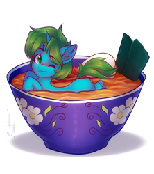 Size: 1600x1800 | Tagged: safe, artist:falafeljake, oc, oc only, oc:arcane gear, pony, unicorn, bowl, food, horn, noodles, ramen, simple background, soup, unicorn oc, white background