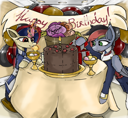 Size: 3244x3001 | Tagged: artist needed, safe, oc, oc only, oc:anja snow, oc:soleil moonshadow, pegasus, pony, unicorn, birthday cake, birthday party, cake, duo, food, hat, high res, horn, party, party hat, pegasus oc, unicorn oc