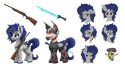 Size: 6839x3712 | Tagged: safe, artist:ryanmandraws, oc, oc only, oc:thunder gale, pegasus, pony, armor, cutie mark, facial expressions, female, gun, hardlight blade, mare, power armor, reference sheet, scar, shotgun, simple background, weapon, white background