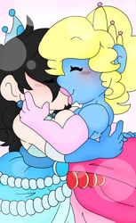 Size: 1579x2587 | Tagged: safe, artist:blackbewhite2k7, oc, oc:azure/sapphire, oc:zaria deibele, human, equestria girls, g4, crossdressing, equestria girls-ified, female, femboy, kiss on the lips, kissing, makeup, making out, male, princess gowns