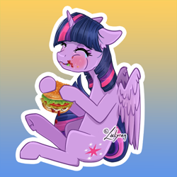 Size: 600x600 | Tagged: safe, artist:lailyren, twilight sparkle, alicorn, pony, g4, burger, eyes closed, food, gradient background, hay burger, messy eating, solo, that pony sure does love burgers, twilight burgkle, twilight sparkle (alicorn)