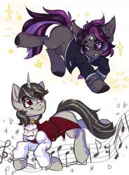 Size: 1400x1900 | Tagged: safe, artist:falafeljake, oc, oc only, earth pony, pony, unicorn, clothes, commission, duo, duo male, earth pony oc, eye clipping through hair, eyebrows, eyebrows visible through hair, glasses, horn, looking at each other, looking at someone, male, music notes, simple background, smiling, sparkles, stallion, unicorn oc, white background