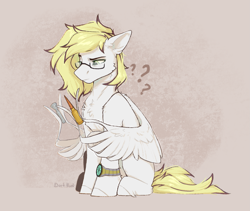 Size: 2029x1711 | Tagged: safe, artist:dorkmark, oc, oc only, oc:ludwig von leeb, pegasus, pony, cartridge, glasses, mouthpiece, question mark, solo, watch, wing hands, wings