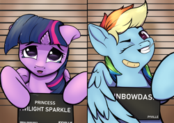 Size: 3508x2480 | Tagged: safe, artist:playful wings, rainbow dash, twilight sparkle, alicorn, pegasus, pony, g4, bandaid, barbie, barbie (film), barbie mugshot meme, candy, food, grin, high res, lollipop, meme, mugshot, one eye closed, smiling, teary eyes, twilight sparkle (alicorn), wink