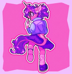 Size: 1985x2048 | Tagged: safe, artist:pastacrylic, oc, oc only, unicorn, anthro, clothes, glasses, leonine tail, looking back, rear view, shoes, skirt, socks, solo, tail