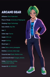 Size: 3849x5912 | Tagged: safe, artist:mrscroup, oc, oc only, oc:arcane gear, human, clothes, green hair, humanized, humanized oc, jacket, pants, shoes, simple background, solo