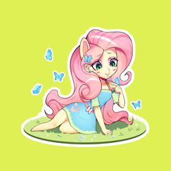 Size: 3508x3508 | Tagged: safe, artist:ikstina, fluttershy, butterfly, human, equestria girls, g4, blushing, chibi, clothes, cute, dress, ears, grass, grass field, green background, green eyes, high res, keychain, long hair, looking down, makeup, merchandise, on grass, pink hair, pony ears, simple background, solo, sticker