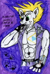 Size: 2386x3570 | Tagged: safe, artist:alabastoramril, oc, oc only, oc:alabastor amril, earth pony, rat, anthro, agent alabastor amril, belly button, belly piercing, clothes, cute, fingerless gloves, gloves, high res, hug, jewelry, male, muscles, muscular male, pendant, pet, petting, piercing, solo, tattoo, traditional art, vest