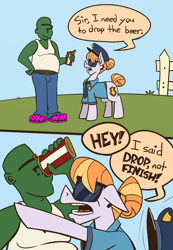 Size: 1020x1478 | Tagged: safe, artist:cowsrtasty, copper top, oc, oc:anon, earth pony, human, pony, g4, alcohol, beer, beer belly, clothes, crocs, fat, female, hooves, male, mare, police, police uniform, sunglasses