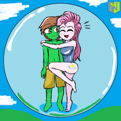 Size: 894x894 | Tagged: safe, artist:neutralchilean, pinkie pie, oc, oc:frost d. tart, human, equestria girls, g4, blushing, bubble, canon x oc, cheek to cheek, clothes, cutie mark on human, duo, emanata, eyes closed, female, hug, in bubble, male, open mouth, open smile, shipping, smiling, swimsuit, wrong eye color