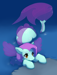 Size: 2800x3707 | Tagged: safe, artist:kaenn, oc, oc only, oc:merpaint, merpony, pony, seapony (g4), cute, digital art, dorsal fin, fin, fin wings, fins, fish tail, flowing tail, high res, ocean, orange eyes, puppy dog eyes, purple mane, purple tail, seapony oc, signature, smiling, solo, tail, water, wings
