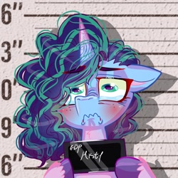 Size: 1280x1280 | Tagged: safe, artist:jully-park, misty brightdawn, pony, unicorn, g5, barbie, barbie (film), barbie mugshot meme, crying, cute, digital art, female, frown, horn, mare, meme, mugshot, sad, sadorable, solo, unshorn fetlocks, wavy mouth