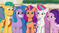 Size: 2160x1215 | Tagged: safe, screencap, hitch trailblazer, izzy moonbow, pipp petals, sunny starscout, zipp storm, earth pony, pegasus, pony, unicorn, g5, my little pony: tell your tale, on your cutie marks, spoiler:g5, spoiler:my little pony: tell your tale, female, looking at you, male, mane five, mane stripe sunny, mare, royal sisters (g5), siblings, sisters, smiling, stallion