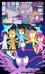 Size: 1920x3168 | Tagged: safe, artist:alexdti, applejack, fluttershy, pinkie pie, rainbow dash, rarity, twilight sparkle, oc, oc:brainstorm (alexdti), oc:purple creativity, oc:star logic, alicorn, pegasus, pony, comic:quest for friendship, g4, derp, female, floppy ears, glowing, glowing eyes, magic, mane six, mare, pink mane, pink tail, tail, twilight sparkle (alicorn), yellow coat