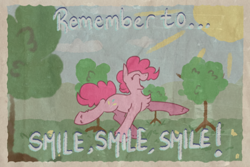 Size: 600x400 | Tagged: safe, artist:molars, pinkie pie, earth pony, pony, fallout equestria, g4, chest fluff, dancing, eyes closed, happy, ministry mares, ministry of morale, poster, propaganda, propaganda poster, raised leg, smile smile smile, smile song, solo, texture, tree