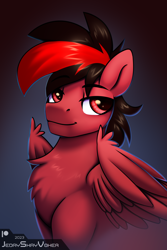 Size: 2000x3000 | Tagged: safe, artist:jedayskayvoker, oc, oc:crimson moon, pegasus, pony, bust, chest fluff, fluffy, gradient background, high res, icon, looking at you, male, patreon, patreon reward, pegasus oc, pony oc, portrait, red and black oc, red eyes, smiling, solo, stallion