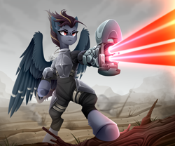 Size: 3000x2500 | Tagged: safe, artist:buvanybu, oc, oc only, oc:quicksilver, cyborg, cyborg pony, pegasus, pony, fanfic:iron hearts, amputee, amulet, armor, bipedal, body armor, chaos, cybernetic legs, female, high res, jewelry, laser, laser rifle, pegasus oc, prosthetic limb, prosthetics, solo, warhammer (game), warhammer 40k