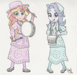 Size: 1400x1369 | Tagged: safe, artist:bageloftime, starlight glimmer, sunset shimmer, human, equestria girls, g4, clothes, dress, drums, duo, female, long dress, long skirt, musical instrument, pearly band, skirt, traditional art