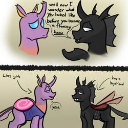 Size: 3000x3000 | Tagged: safe, artist:fumalunga, oc, oc only, oc:coxa, oc:maxilla, changedling, changeling, 2 panel comic, anisocoria, changedling oc, changeling oc, comic, dialogue, duo, fangs, high res, male, red changeling, smug