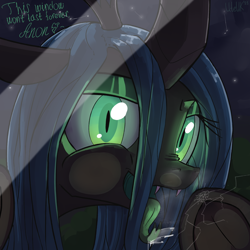 Size: 2000x2000 | Tagged: safe, artist:uteuk, queen chrysalis, changeling, changeling queen, g4, crack, drool, dude let me in, fangs, forked tongue, glass, glowing, glowing eyes, high res, implied anon, licking, looking at you, solo, tongue out, window
