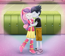 Size: 3500x3000 | Tagged: safe, artist:lifesharbinger, rumble, sweetie belle, human, equestria girls, g4, duo, duo male and female, equestria girls-ified, eyes closed, female, heart, high res, kiss on the lips, kissing, lockers, male, requested art, ship:rumbelle, shipping, straight