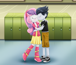 Size: 3500x3000 | Tagged: safe, alternate version, artist:lifesharbinger, rumble, sweetie belle, human, equestria girls, g4, duo, duo male and female, equestria girls-ified, eyes closed, female, high res, kiss on the lips, kissing, lockers, male, requested art, ship:rumbelle, shipping, straight