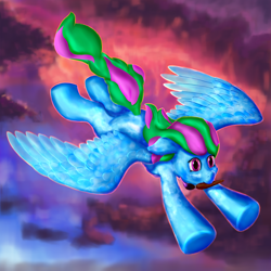 Size: 2160x2160 | Tagged: safe, artist:callichrome, oc, oc only, pegasus, pony, female, flying, high res, paintbrush, pegasus oc, smiling, solo, spread wings, sunset, wings