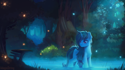 Size: 3840x2160 | Tagged: safe, artist:adagiostring, oc, oc only, pony, unicorn, commission, forest, grass, high res, horn, scenery, signature, solo, tree, unicorn oc, water