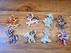 Size: 2048x1536 | Tagged: safe, artist:annuthecatgirl, oc, alicorn, classical unicorn, cow, donkey, earth pony, kirin, pegasus, pony, unicorn, zebra, acrylic pin, cloven hooves, horn, leonine tail, photo, pin, unshorn fetlocks