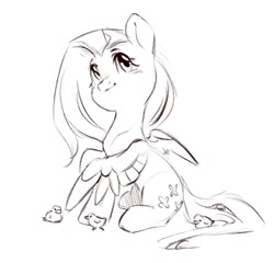 Size: 972x932 | Tagged: safe, artist:melodylibris, fluttershy, bird, pegasus, pony, g4, black and white, chick, cute, female, grayscale, looking up, mare, monochrome, one wing out, shyabetes, simple background, sitting, sketch, smiling, solo, white background, wings