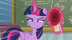Size: 800x450 | Tagged: safe, screencap, twilight sparkle, alicorn, pony, g4, season 6, top bolt, airhorn, angry, animated, chalkboard, female, folded wings, gif, horn, loop, magic, mare, solo, speed lines, telekinesis, twilight sparkle (alicorn), twilight sparkle is not amused, unamused, wings