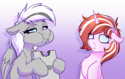 Size: 2801x1784 | Tagged: safe, artist:witchtaunter, oc, oc only, oc:crystal flake, pegasus, pony, unicorn, bliss, cheek bulge, chest fluff, chewing, commission, computer, duo, ear fluff, ears back, eating, faic, floppy ears, funny face, gradient background, happy, hoof hold, horn, krystal can't enjoy her sandwich, laptop computer, lidded eyes, pegasus oc, pica, puffy cheeks, scared, shocked, shocked expression, shocked eyes, sitting, smiling, unicorn oc