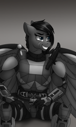 Size: 830x1373 | Tagged: safe, artist:crimsonwolf360, oc, oc:noble six, pegasus, anthro, gigachad, grayscale, halo (series), monochrome, noble six, ponified, solo