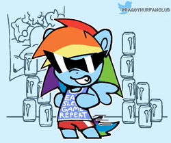 Size: 595x498 | Tagged: safe, artist:dagothurfanclub, rainbow dash, pegasus, pony, g4, drink, energy drink, female, monster energy, pelvic thrust, poster, simple background, solo