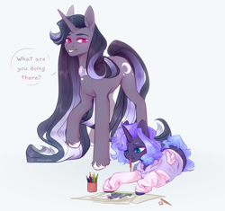 Size: 4000x3760 | Tagged: safe, artist:dreamyrat, oc, oc only, pony, blue eyes, butt, clothes, dialogue, drawing, duo, duo male and female, fake wings, female, filly, foal, horn, lying down, male, open mouth, open smile, paper, pencil, pink eyes, plot, simple background, smiling, stallion, wings