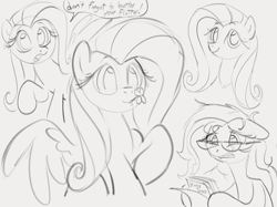 Size: 1462x1094 | Tagged: safe, artist:dotkwa, fluttershy, pegasus, pony, g4, clover, crying, cute, dialogue, female, floppy ears, four leaf clover, glasses, gray background, grayscale, horse taxes, looking at something, looking at you, mare, messy mane, monochrome, mouth hold, shyabetes, simple background, sketch, smiling, smiling at you, solo, speech bubble