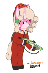 Size: 636x960 | Tagged: safe, artist:bloonacorn, oc, oc only, oc:bloona blazes, pony, unicorn, gun, horn, shotgun, simple background, solo, team fortress 2, transparent background, unicorn oc, weapon